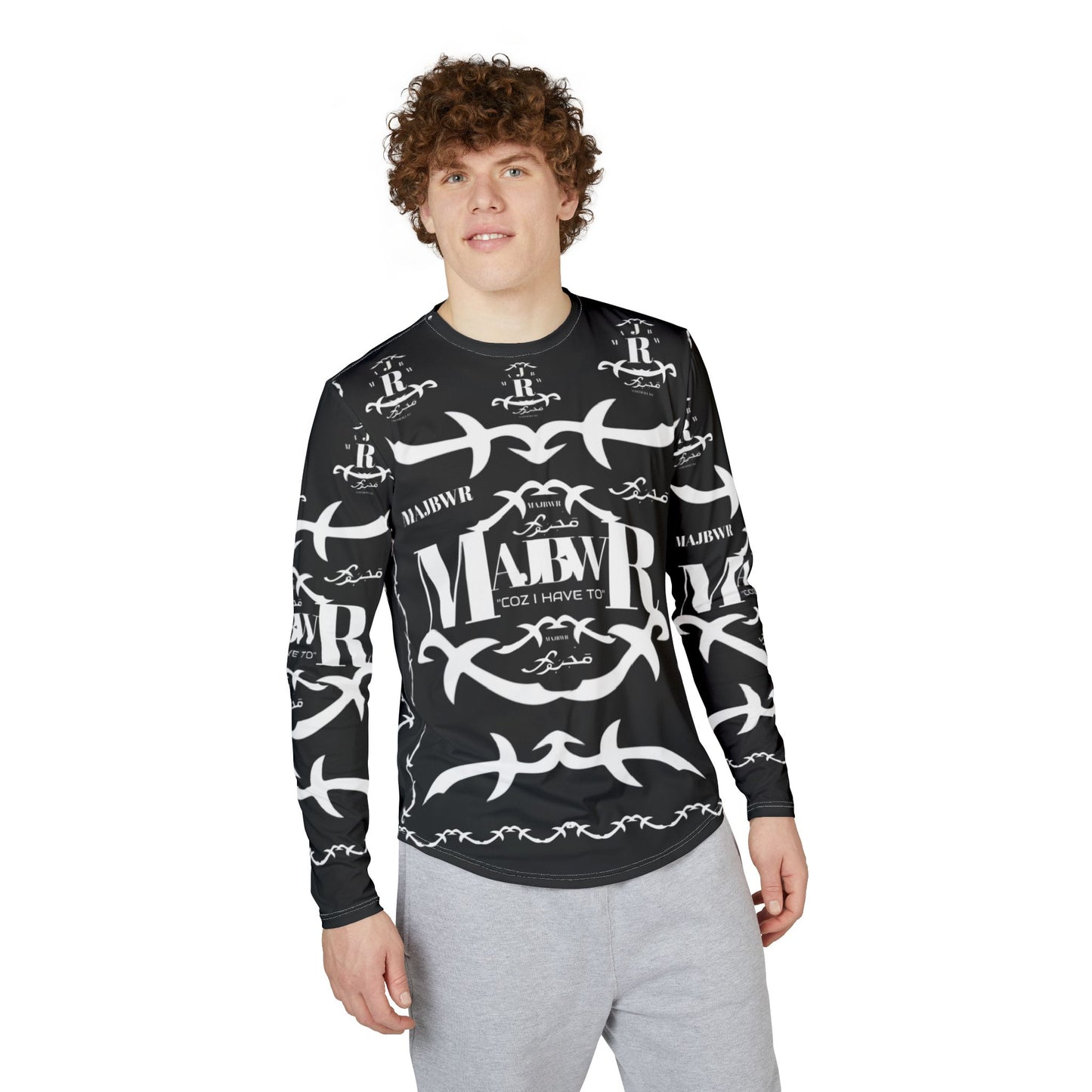 MAJBWR - Men's UV Long Sleeve Shirt — Black Arabic Calligraphy All-Over Print