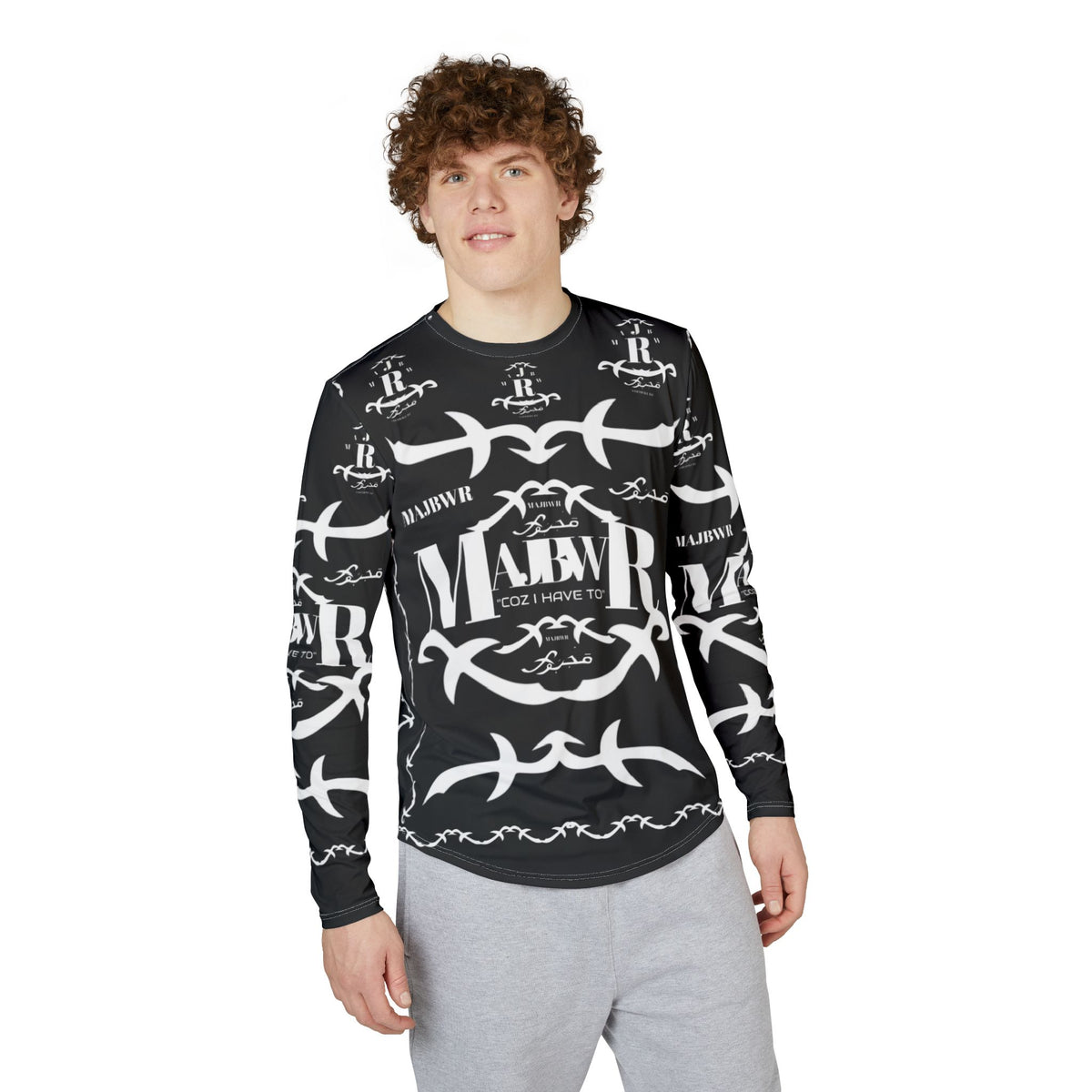 MAJBWR - Men's UV Long Sleeve Shirt — Black Arabic Calligraphy All-Over Print