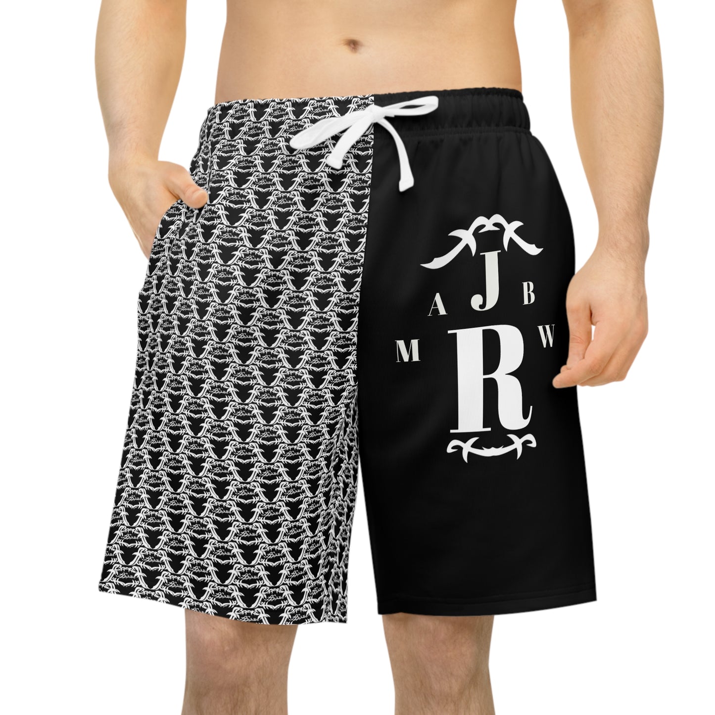 MAJBWR -  Athletic Long Shorts — Black & White Patterned AOP Performance Shorts
