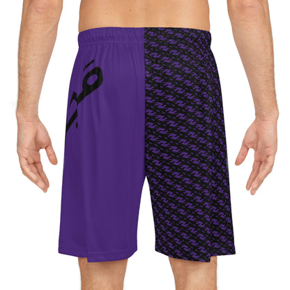 MAJBWR - Purple Split-Panel Basketball Shorts with Script Logo — Athletic AOP Sports Shorts