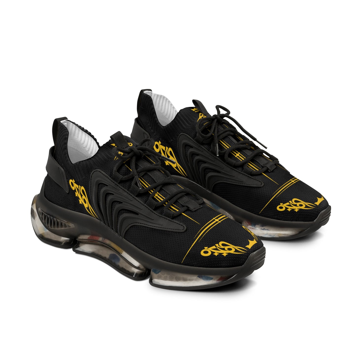 MAJBWR - Men's Mesh Sneakers — Black & Gold Athletic Casual Shoes with Graphic Script