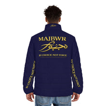 MAJBWR - Blue Gold Script Puffer Jacket — "By Choice Not Force" Insulated Jacket Limited Edition