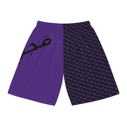 MAJBWR - Purple Split-Panel Basketball Shorts with Script Logo — Athletic AOP Sports Shorts