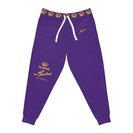 MAJBWR Royal Script Athletic Joggers — Purple & Gold AOP
